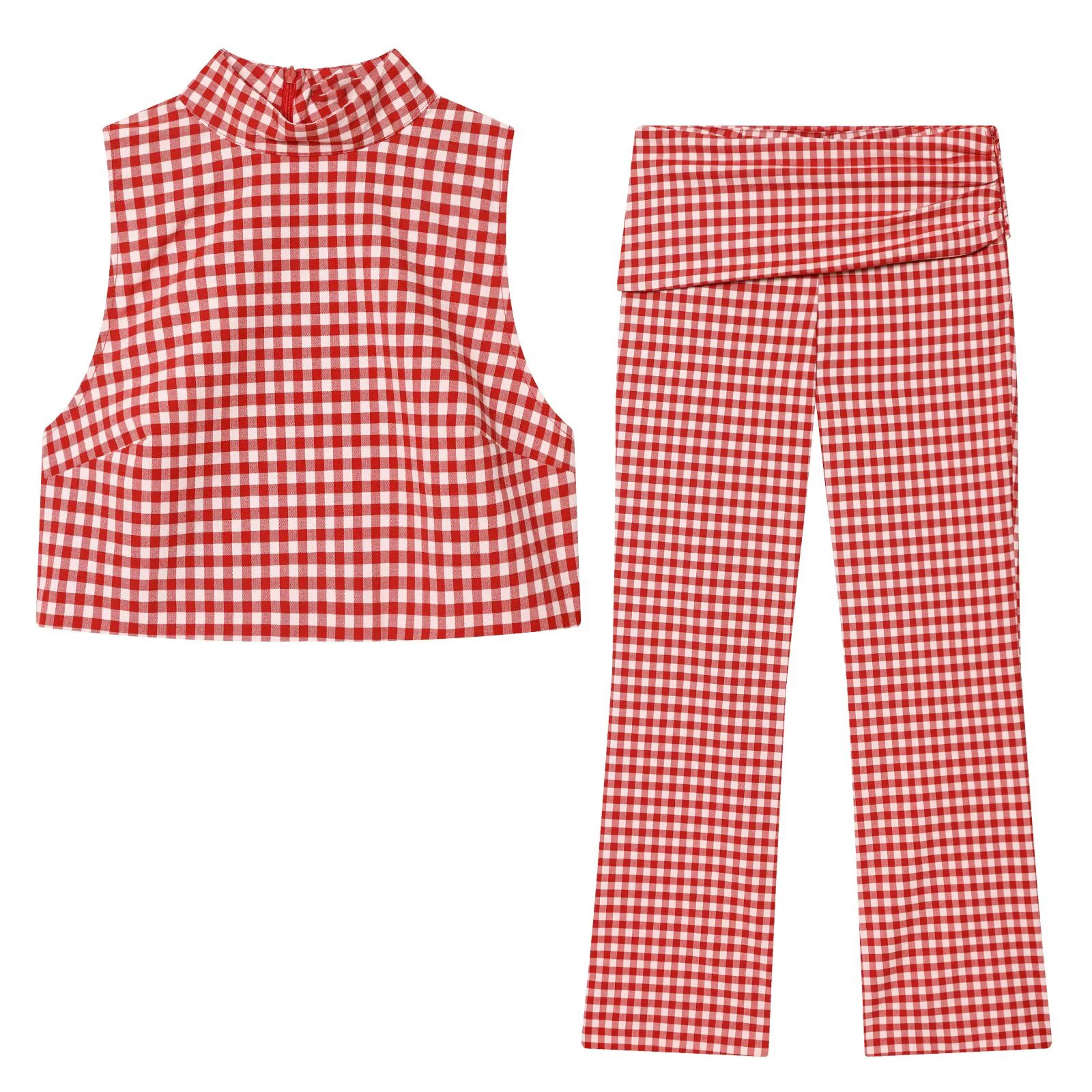 KONDALA Chic 2026 Women Red Plaid Y2K Vintage Suit Slim Short Vest+Zipper Long Slim Capri Pants Casual Spring Elegant Female Set view 5