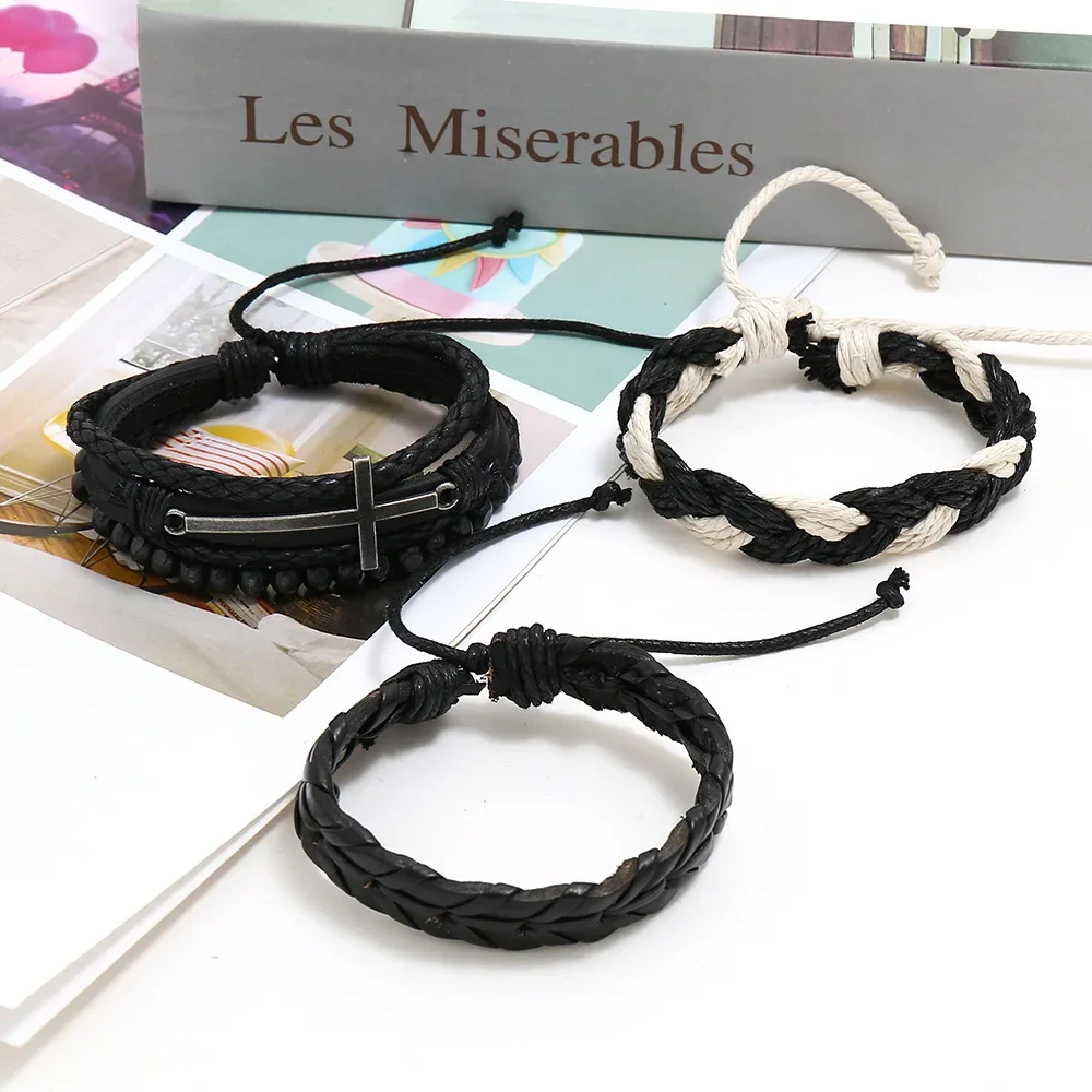 Punk Gothic Harajuku Individuality Wooden bead  Assembly Leather Gentleman Retro Hand knitting Hemp rope Bracelet Hand rope