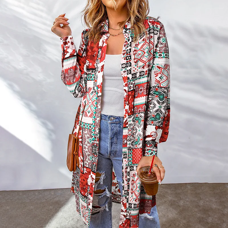 

2025Color Block Cardigan Women Spring New Mid-Length Geometric Floral Print Shirt