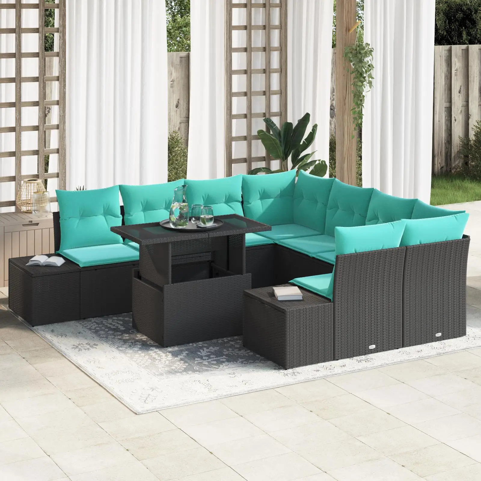 

9 Piece Black Poly Rattan Garden Sofa Set with Cushions for Outdoor Patio Furniture
