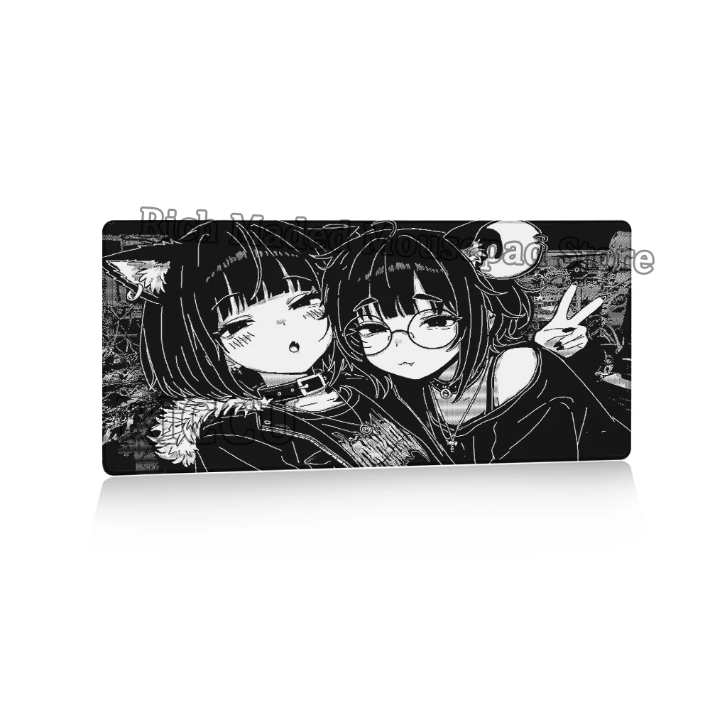 Podkładka pod mysz Black White Anime Girl, duża, gamingowa, antypoślizgowa, podkładka pod klawiaturę, mata na biurko pod laptopa, obszyta krawędziami, Y2K, dywanik pod mysz. — zdjęcie produktu 7
