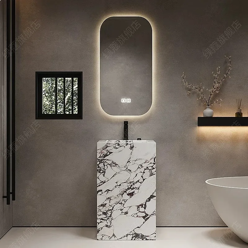 80 N Rock Slab Column Basin Integrated Vanity Floor-Standing Bathroom Washbasin Balcony Villa Pop-Up Drain Sink