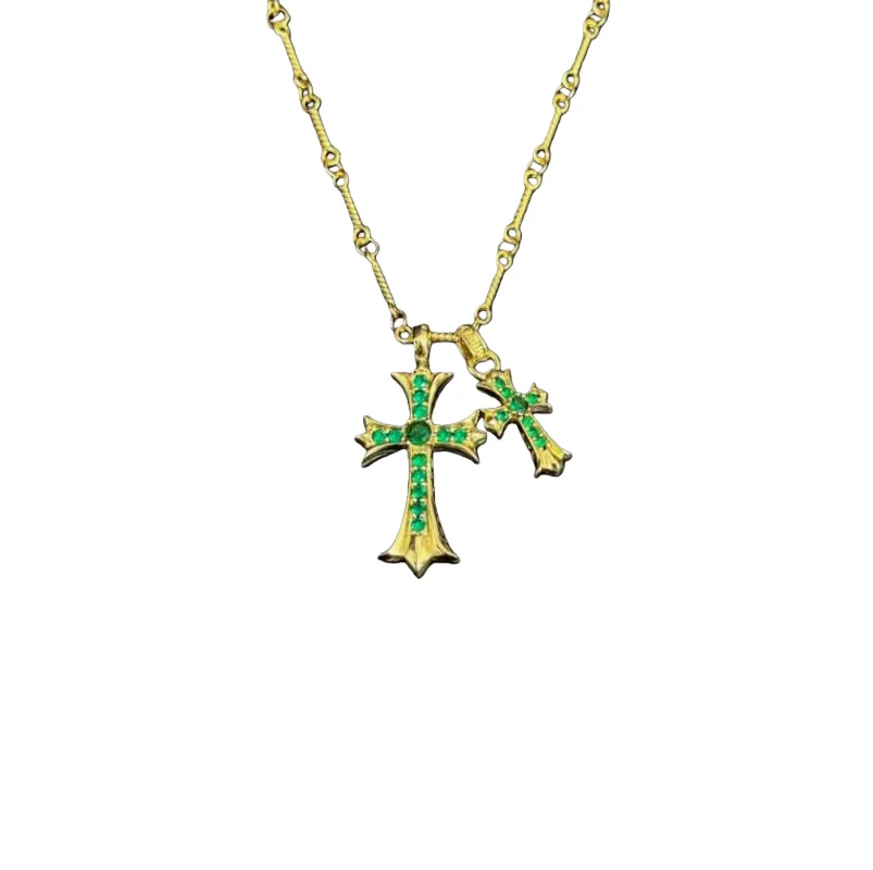 

Emerald-Accented Gold-Tone Double Cross Pendant Necklace – Gothic Edgy Statement Jewelry