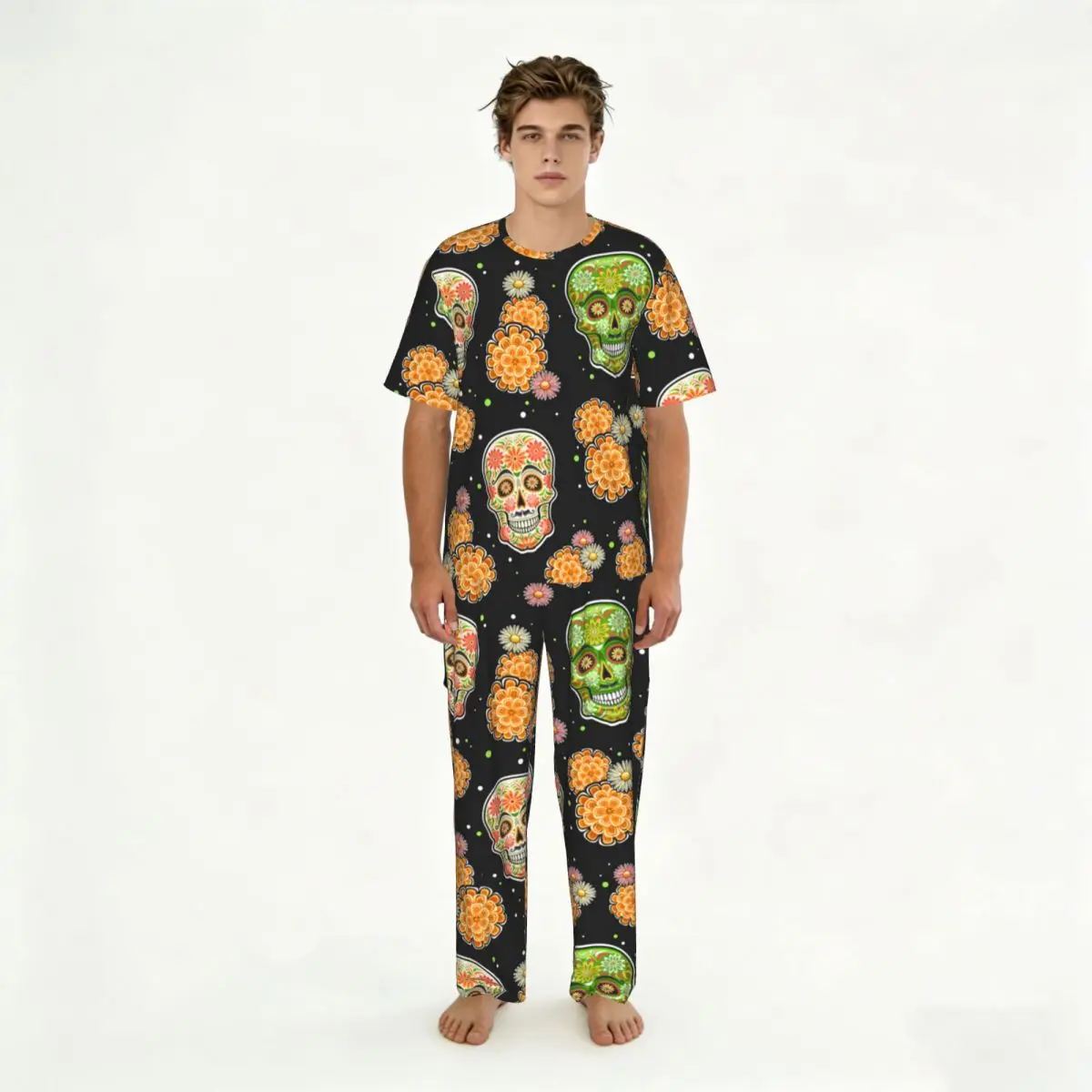 Men's short-sleeved pajamas two-piece trousers Day Of The Dead Skulls home wear suit sleepwear
