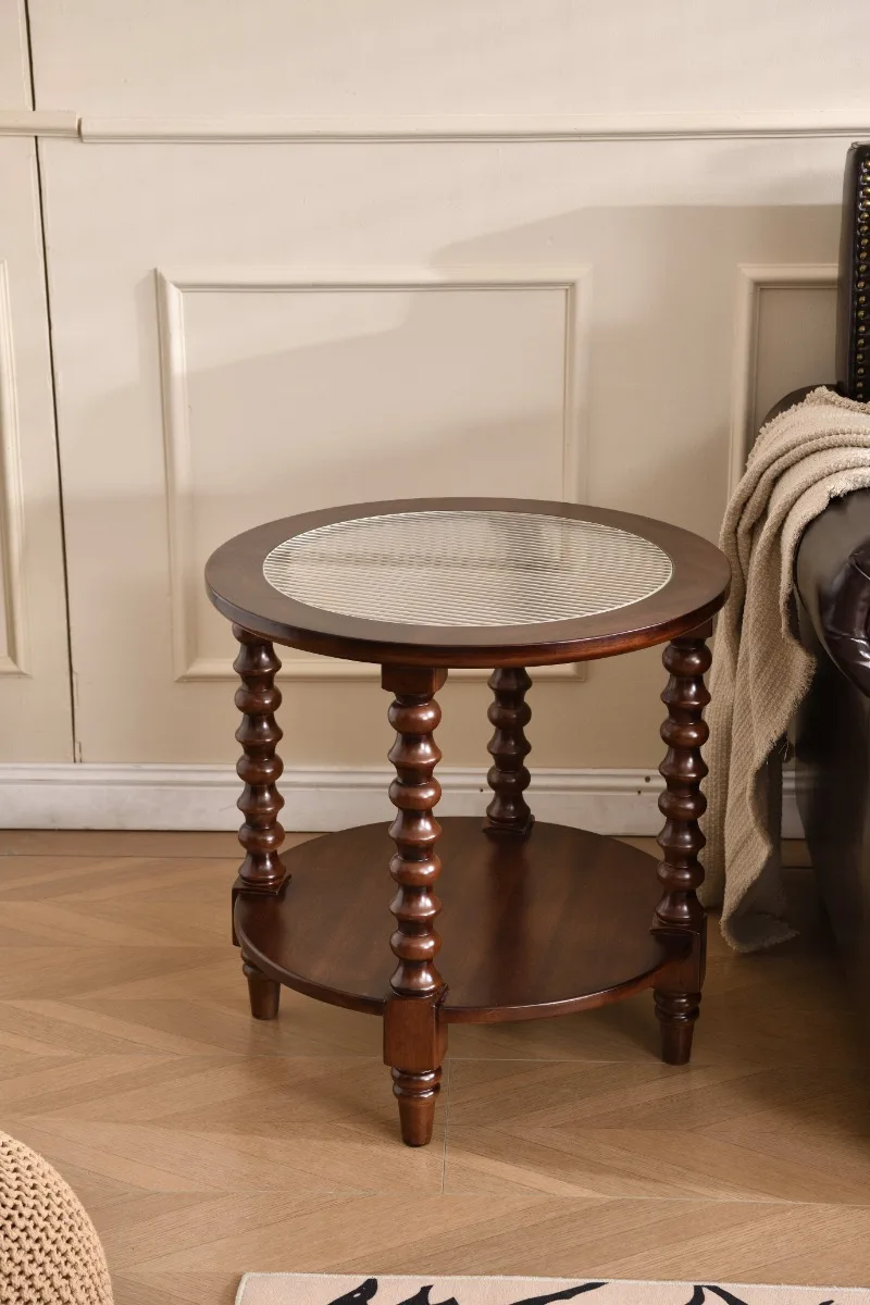 Farmhouse New Design Wooden Two-tier Round Coffee Table with Solid Wood Shelf Adjustable