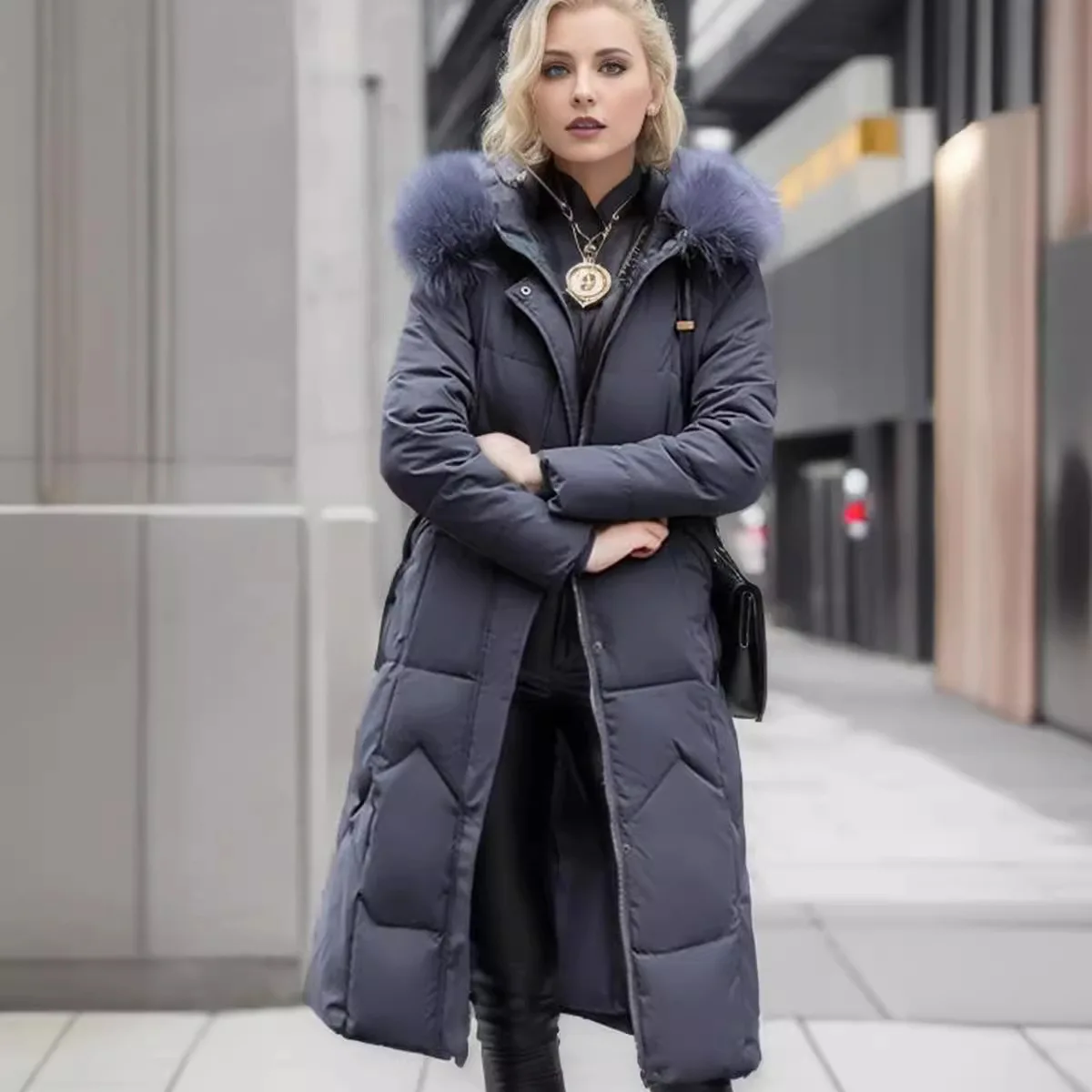 Winter Woman Parka Long 2024 New Down Coat Fur Collar Thicken Warm Loose Zipper Pockets Hodded Coat Female Stylish Woman Clothes