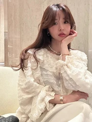 Chic Spring Sweet Youthful round Neck Splice Wood Ear Long Sleeve Lace Belted Shirt Layering Versatile Korean Style Loose Fit