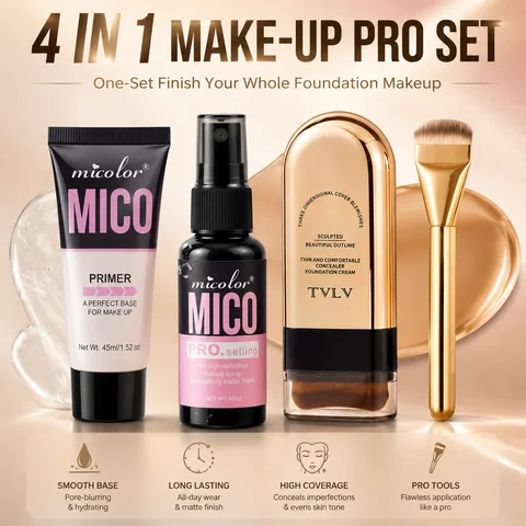 4‑in‑1 Makeup Artist Base Makeup Bundle, Hydrating Primer Gel, HD Setting Spray, Full‑Coverage Foundation Stick with Premium Foundation Brush, Long‑Lasting Matte Finish for Daily Makeup