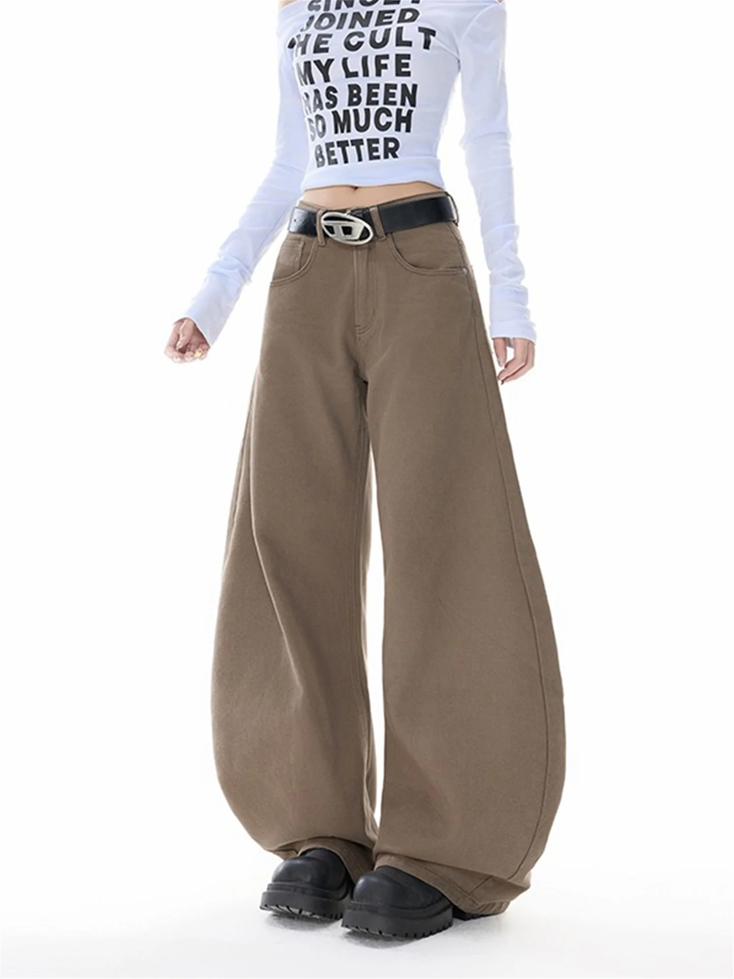 

American Sle Coffee Color Wide Leg Knife Jeans Men Women Retro Street Loose Slimming Floor Length Cleanfit Long Pants