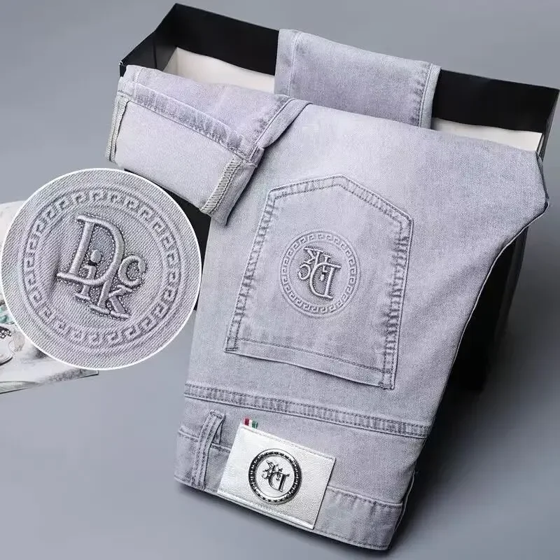 سليم صالح الرجال الجينز مطاطا عادية الربيع الصيف رقيقة نمط رمادي الذكور السراويل موضة الاتجاه اسم العلامة التجارية الملابس الجينز المرن