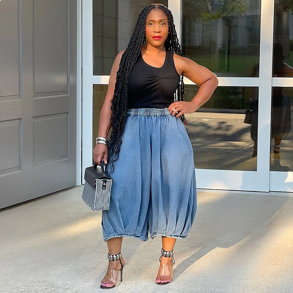 Women Jeans Straight Leg Casual Looser Fit Elastic Waist Capri Pants Jumpsuit Playsuit Summer Spring