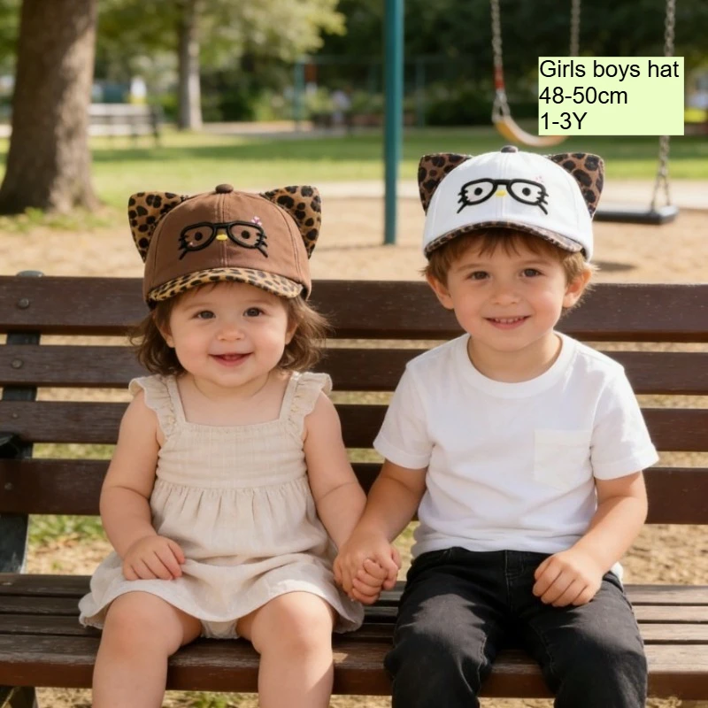 

Kids Baseball Cap 48-50cm Girls Cute Glasses Duckbill Hat with Ears Children Cat Cartoon Winter Cotton Beanie for Girls Boys