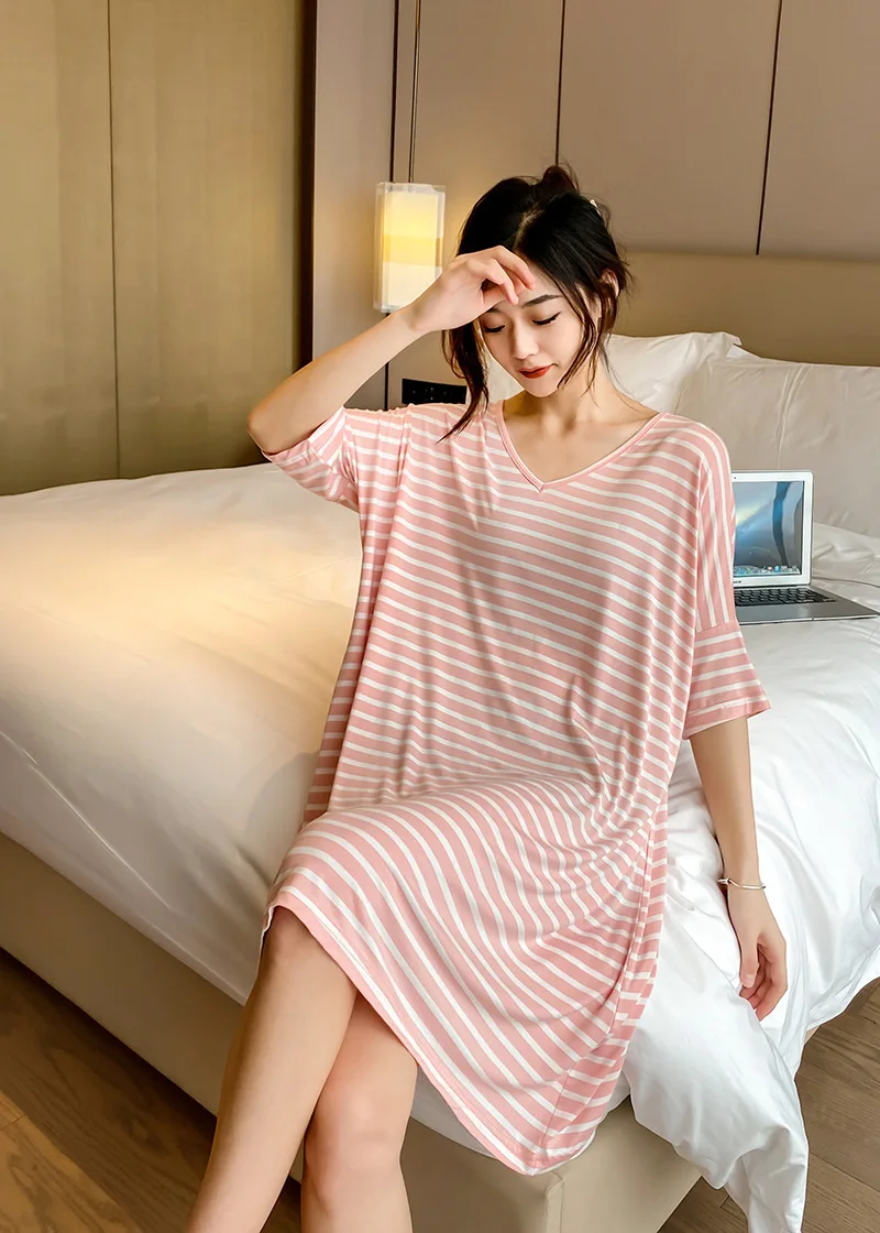 

Modal Stripe Print Women's Nightgown Half-Sleeve Round Neck Soft Breathable Fabric Fit Household Sleepdress Homewear Quick Dry