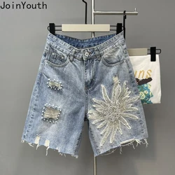 Heavy Beading Pantalones Cortos De Mujer Y2k Shorts for Women 2024 New Bottoms High Waist Fashion Casual Hole Wide Leg Pants