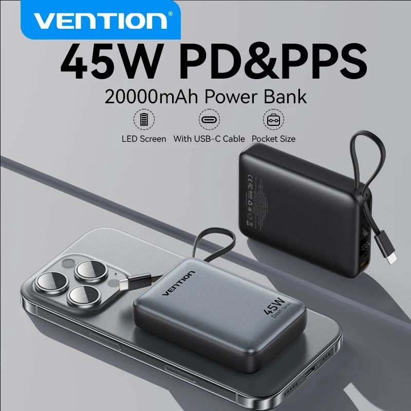 Vention 20000mAh 45W Power Bank Fast Charge Portable PowerBank for iPhone Pro Max Xiaomi PD 20W External Battery Charger