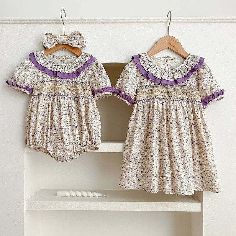 Summer Sister Outfit Dress Baby Romper Toddler Baby Girl Embroidery Dresses Infant Children Cotton Short Sleeve One-piece Romper