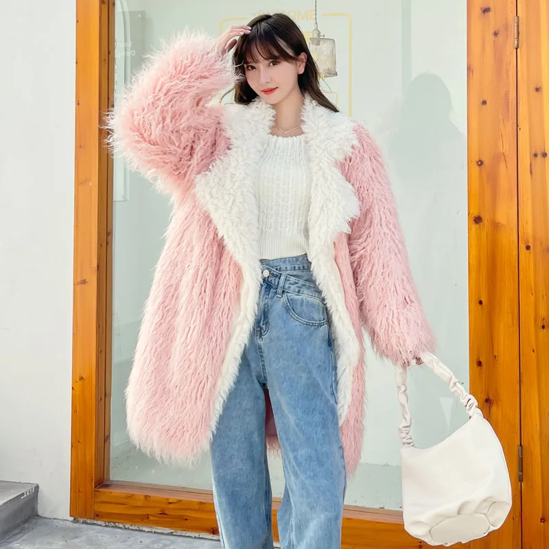 

2023 winter new Fur imitation beach wool medium length lapel pink fur patchwork lamb wool jacket