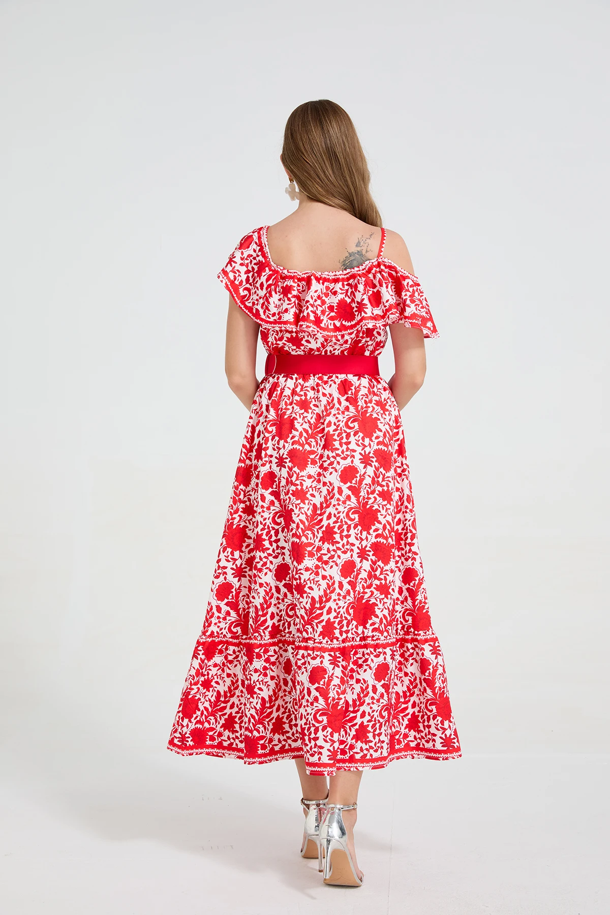 Boho Fashion Rode Print Vakantie Lange Jurk Zomer Mode Dames Sexy Eén Schouder Ruches Elegante Casual Riem Lange Jurk