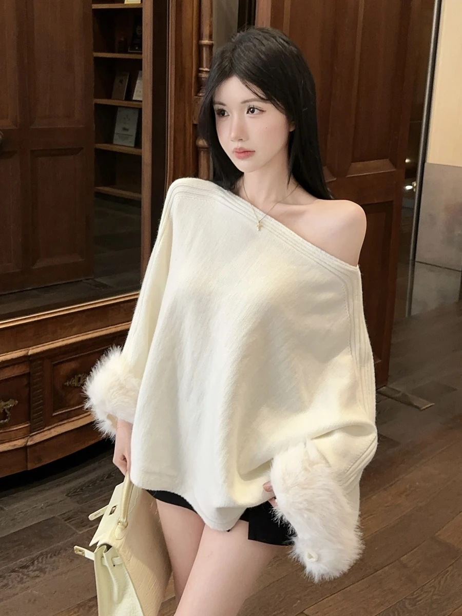 

French Sexy Asymmetric Off-shoulder Knit Top Irregular Fuzzy Panel Details Elegant Loose Pullover Sweater Trendy Women Autumn