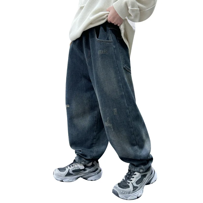 ﻿ جينز شتوي عالي الجودة للمراهقين مبطن بالصوف للأطفال بنطلون حراري عتيق بنطلون رياضي للأطفال سروال دينم عازل دافئ