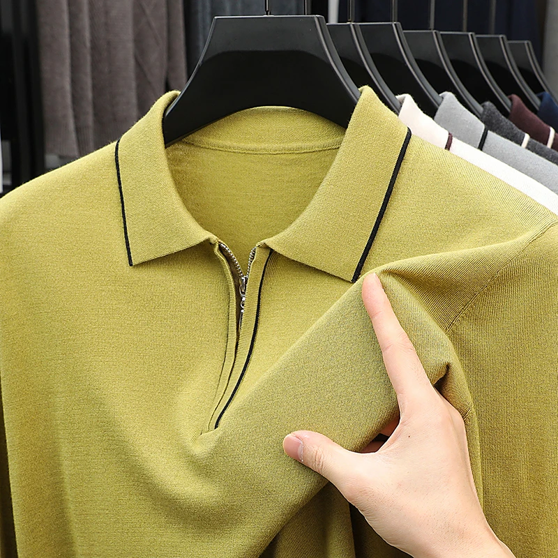 Good Quality Silk Wool Tops Men 2025 Autumn Classic Thin Knit Polo Shirt Long Sleeve Male Comfortable Soft Wool Jumper Pullovers