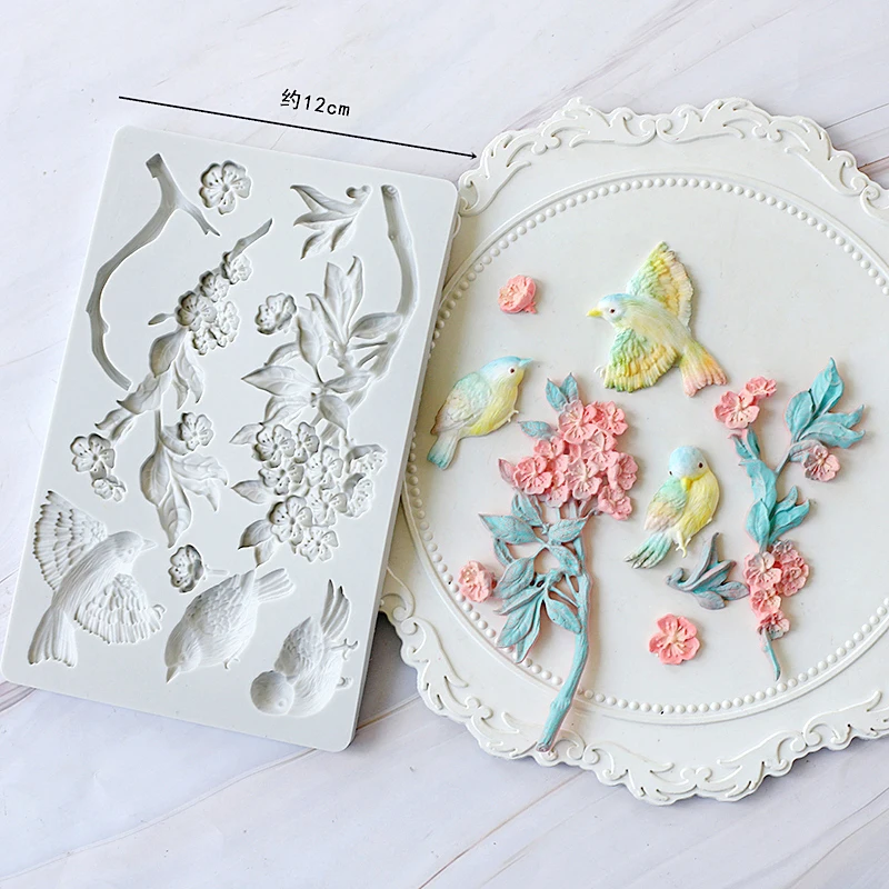 Mirosie Baking Cake Mold Companion Magpie Bird Flies on Branches Flower Fondant Cake Silicone Mold Cake Decoration Accessories