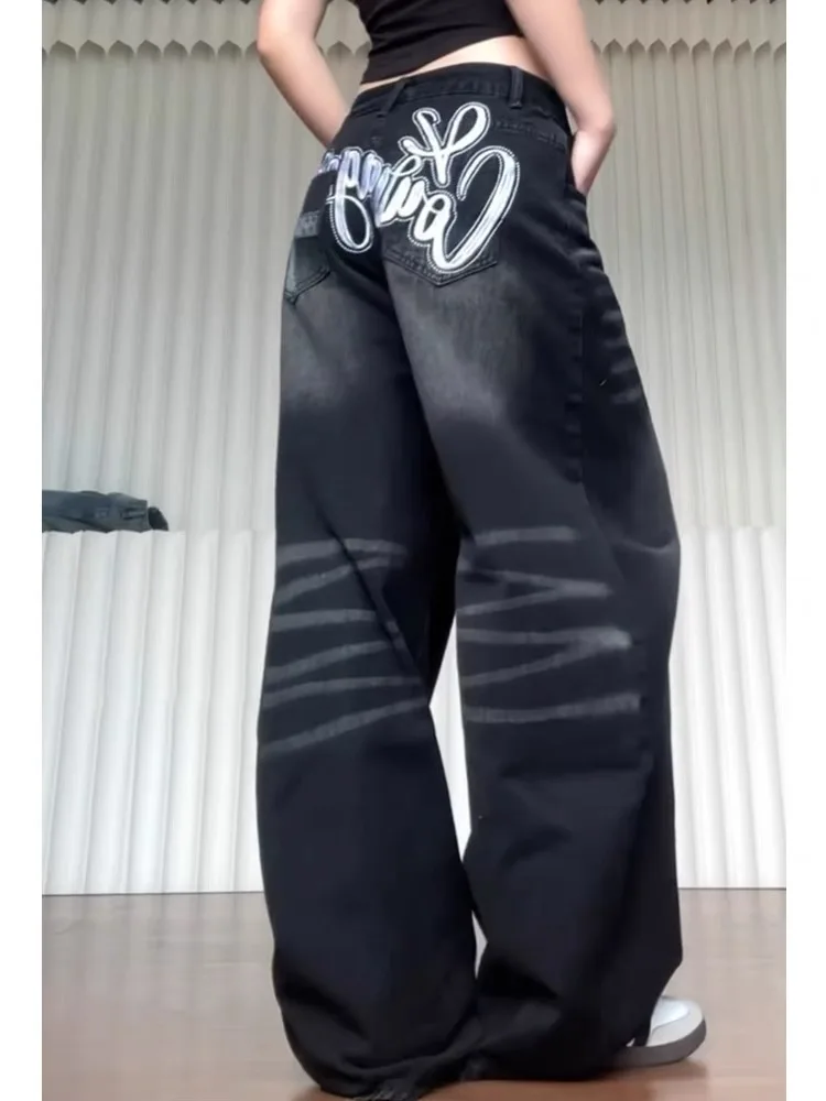 

Retro American Bla Aged Blade Print Wide Leg Jeans Women's Loose Slimming Spring New Sle Casual High Waist Long Pants