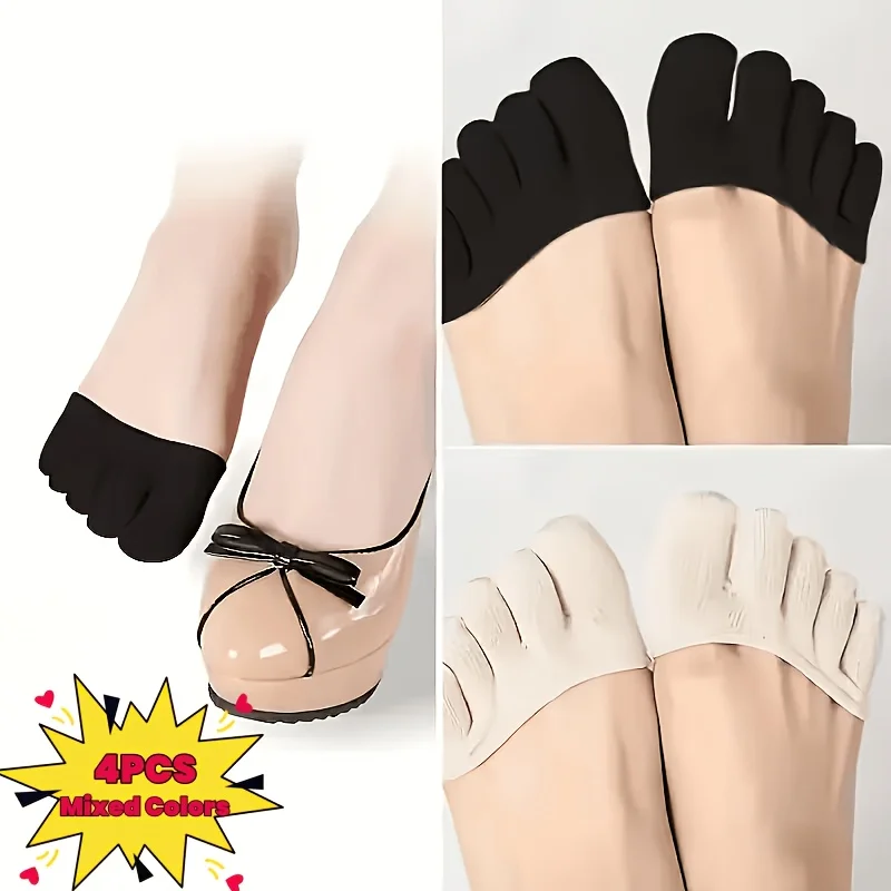 4pcs 5-Toe Invisible Forefoot Socks, Anti-Friction for High Heels, Breathable & Sweat-Absorbent, Mixed Colors, Low-Cut Liner