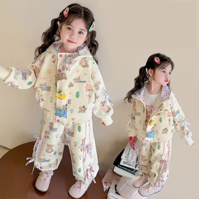 2Pcs Anime Cartoon Dolls Girls' Coat and Pants Set Sweet Children's Hooded Jacket and Sports Pants Set Spring Autumn Sportswear