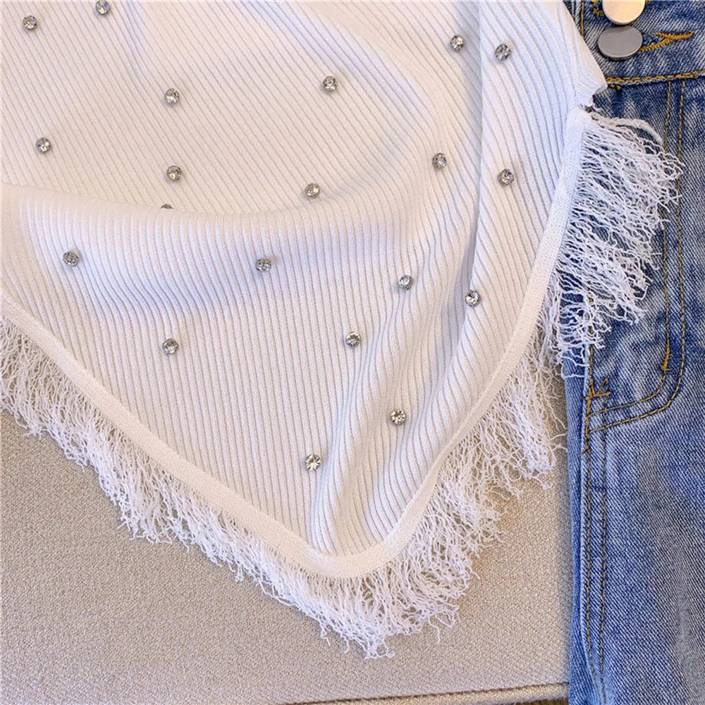 Fashion Sleeveless T Shirt Round Neck Rhienstone Diamonds Tassel Slim Knitted Tank Tops Women Vest 2023 Summer New Tee Knit Wear