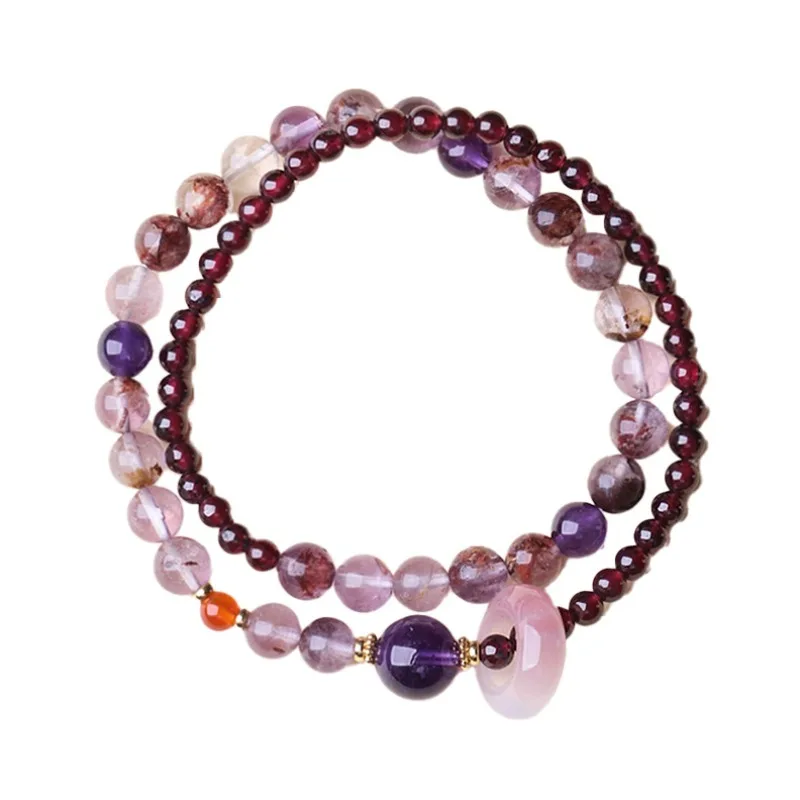 Natural Amethyst Double Layer Bracelet 6mm Purple Phantom 4mm Garnet Yanyuan Agate Ring Chinese Style Collectible Crystal Jewelr
