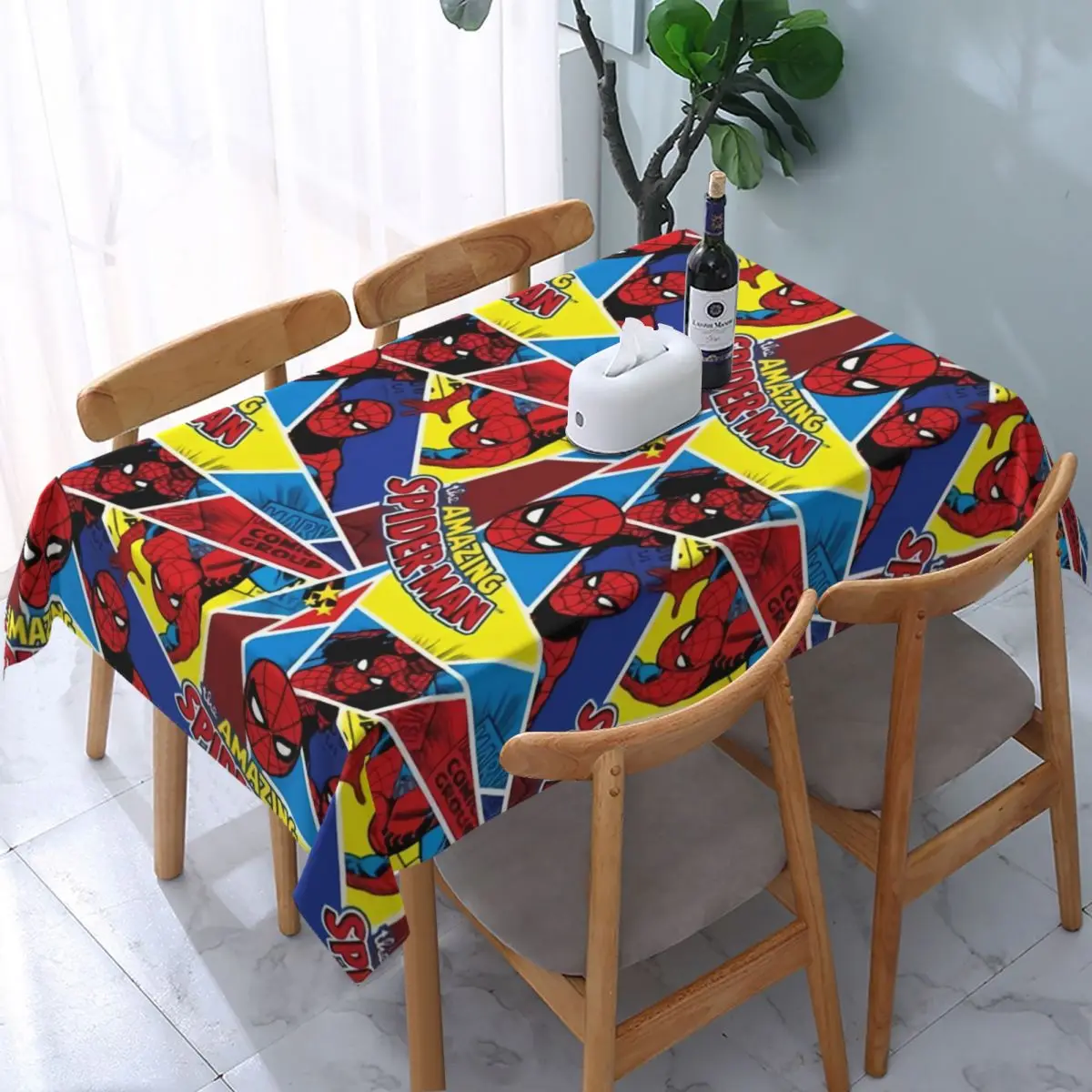 Custom Spider Man Cartoon Tablecloth Rectangular Elastic Fitted Waterproof Comic Animated Table Cover Cloth for Party