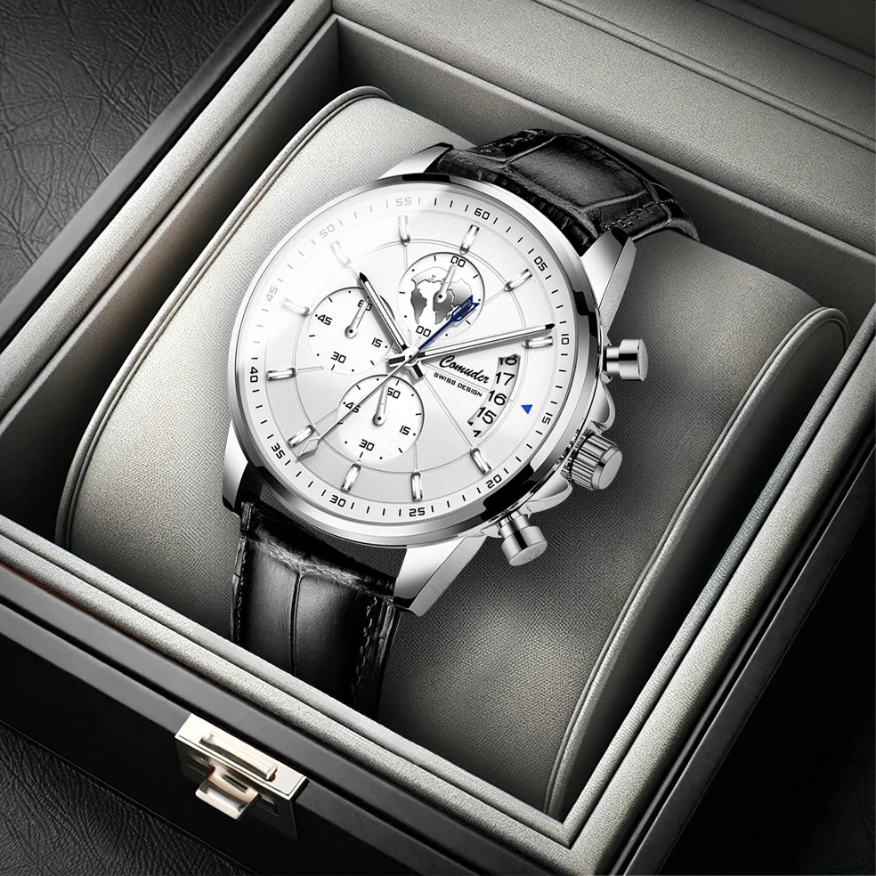 ساعة رجالية جديدة فضية حزام أسود نمط رياضي موضة الشباب ليلة ضوء التقويم كونتيننتال الرف ساعة كوارتز