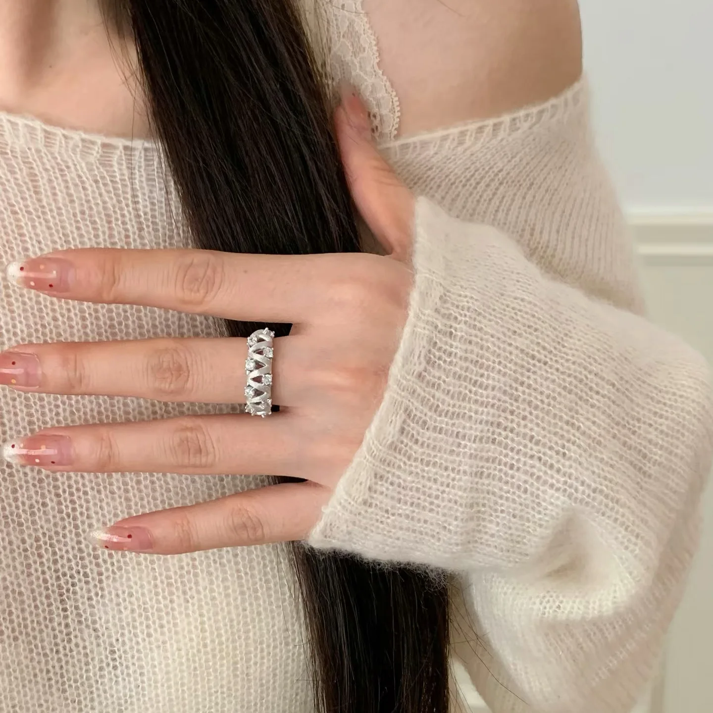 Light luxury temperament wind wave lace silver ring women's high-end smart brushed embroidery ball open ring