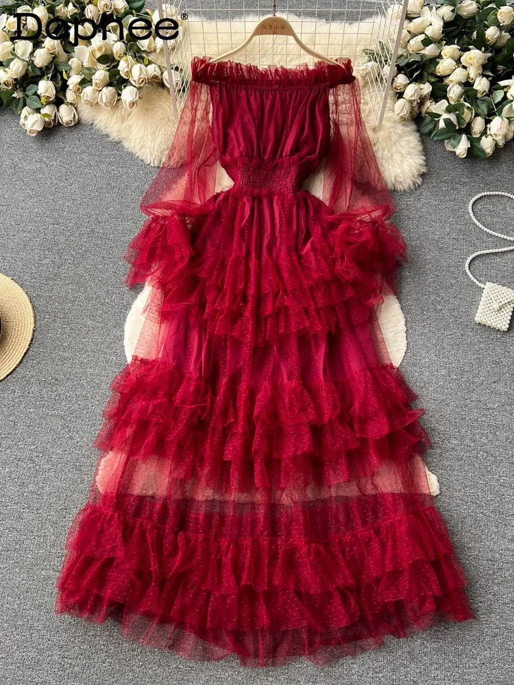 

French Style High-Grade Ruffled Mesh Cake Dress Women's Spring Waist Slimming Temperament Off-Shoulder Super Fairy Long Dress