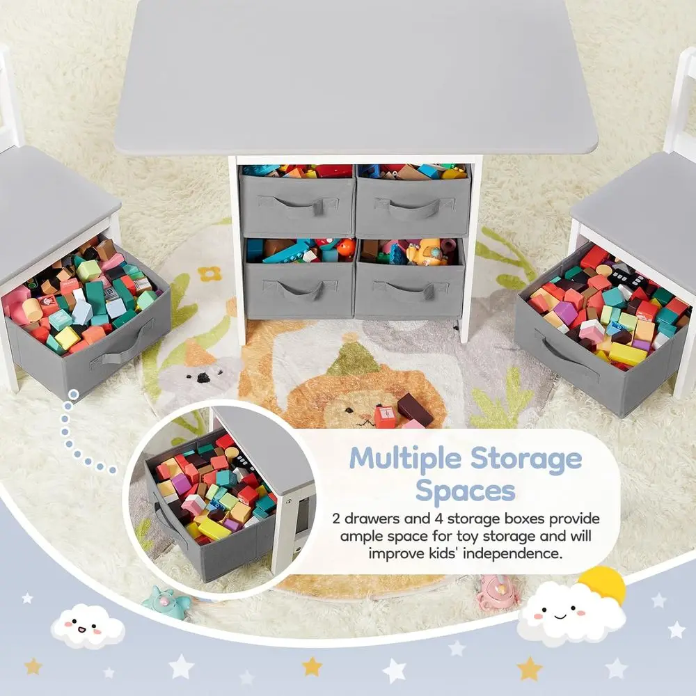 Ensemble bureau et chaises pour tout-petits en bois gris avec 2 chaises et 6 bacs de rangement, meubles pour enfants résistants à l'eau