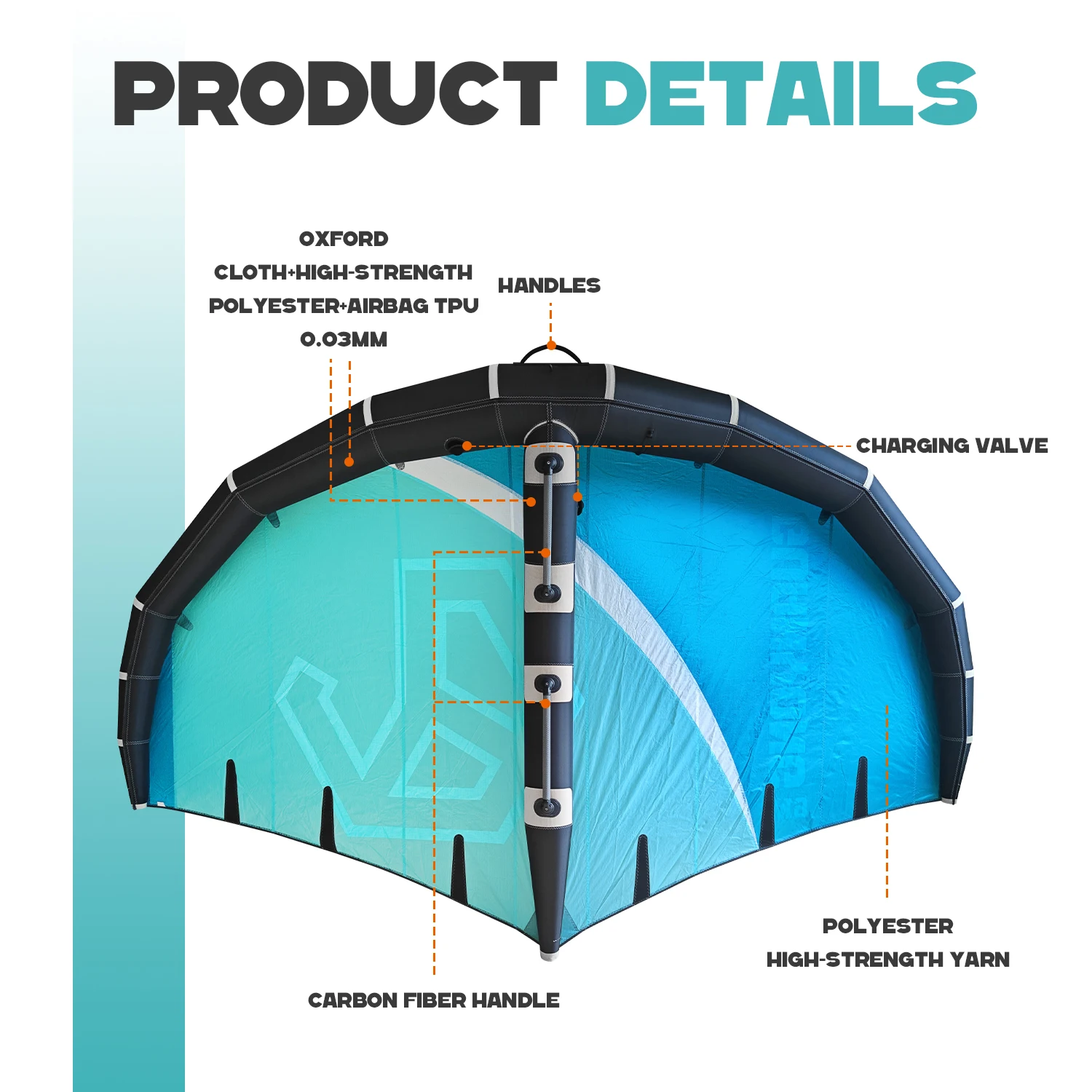 Wing Foil Hydrofoil 6M Carbon Fiber PVC Stitch Inflatable Hard Handle Waterproof Portable for Ocean Use