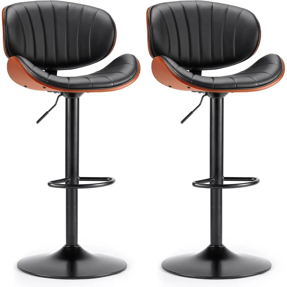 Pair of Contemporary Swivel Bar Stools: Adjustable Leatherette Kitchen Counter Stools with Back and Footrest