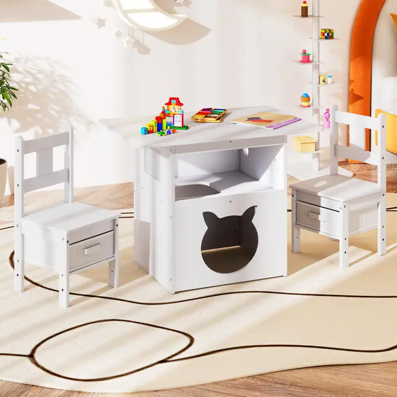 White Wooden Kids Table And Chair Set With Cat House, Featuring Transparent Viewing Window And Storage Box, Suitable For Drawing, Reading, And Pet Climbing Resting, Indoor Furniture Combo
