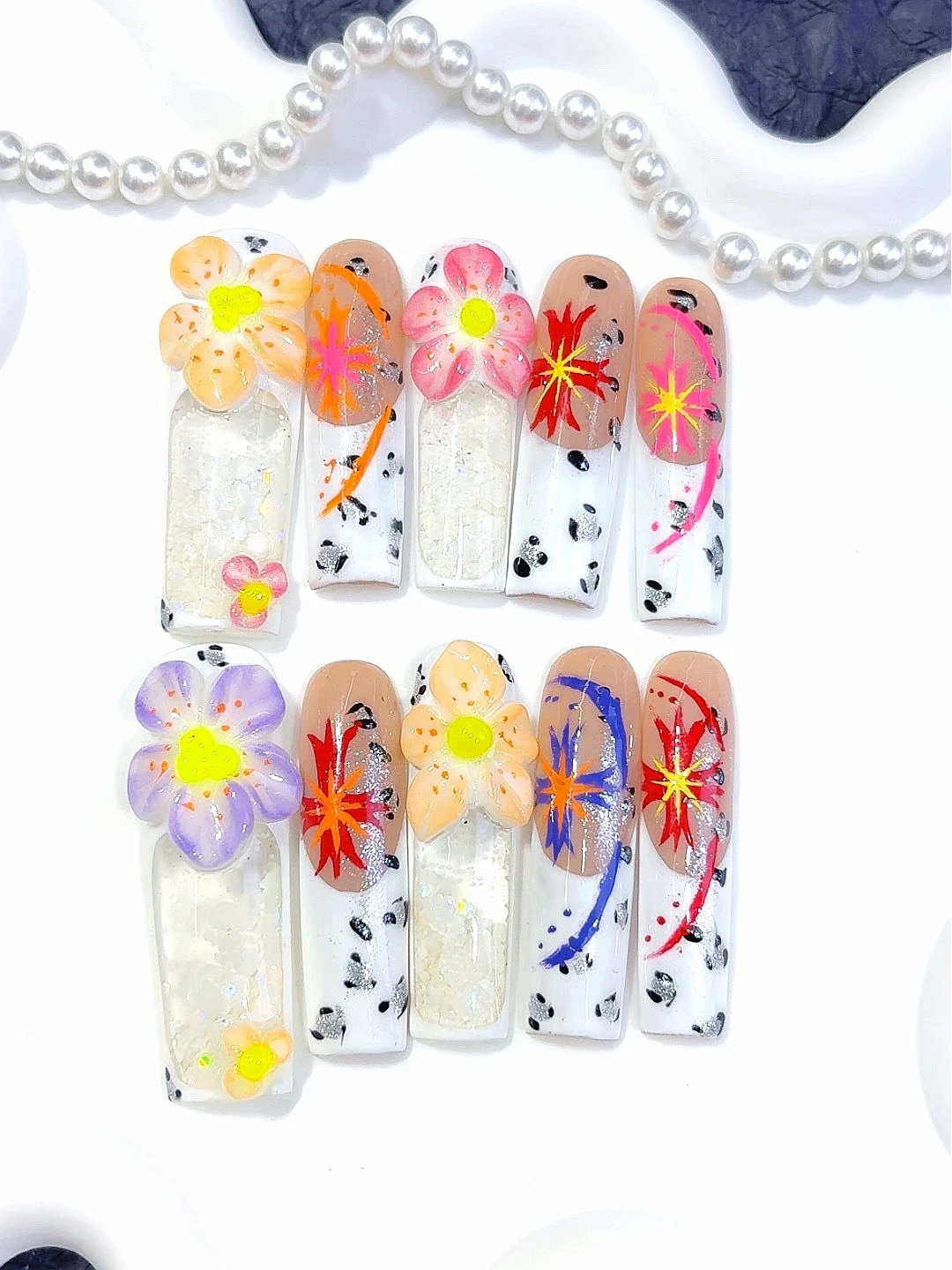 الملونة ثلاثية الأبعاد الأزهار الألعاب النارية بريق الدلماسي طباعة طويلة مربع اضغط على الأظافر - اليدوية Y2K بلينغ الأظافر كاذبة مع النيون (O02) #4