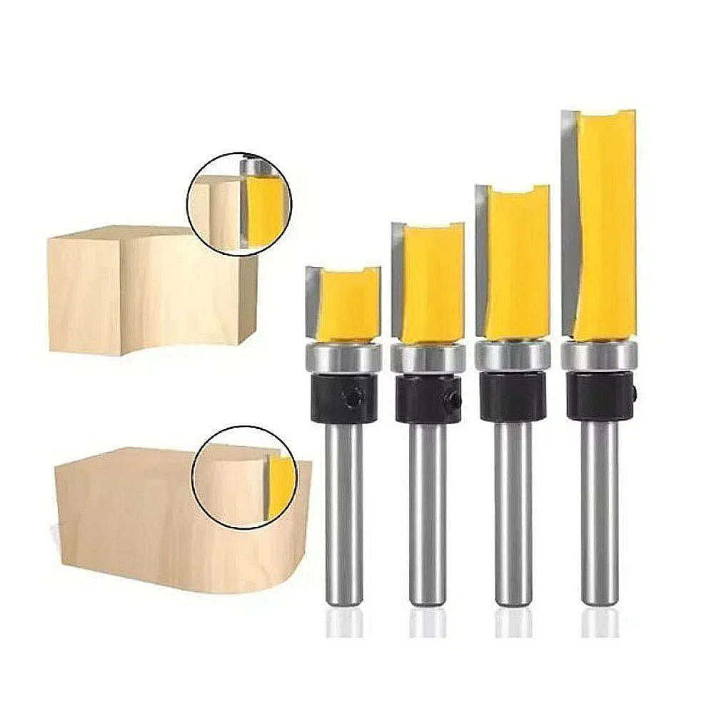 4pcs,1/4-Inch Shank Bearing Guided Pattern Router Bit - Woodworking Edge Trimming Tool with Double-Edged Straight Cutter