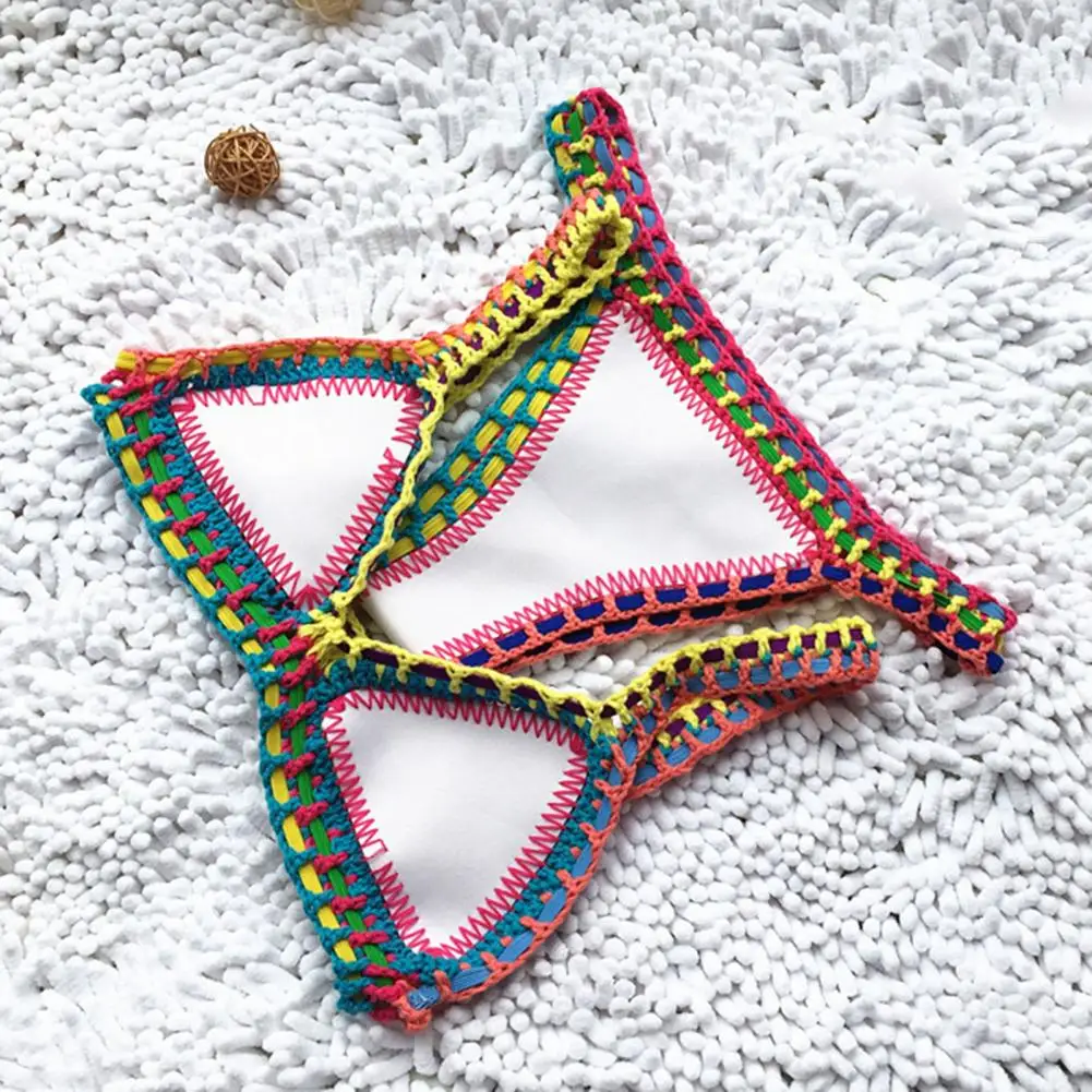 Bikini de ganchillo de punto para mujer, conjunto de Tanga sin relleno, Copa triangular, Micro traje de baño de Color brillante, traje de baño Sexy sin espalda