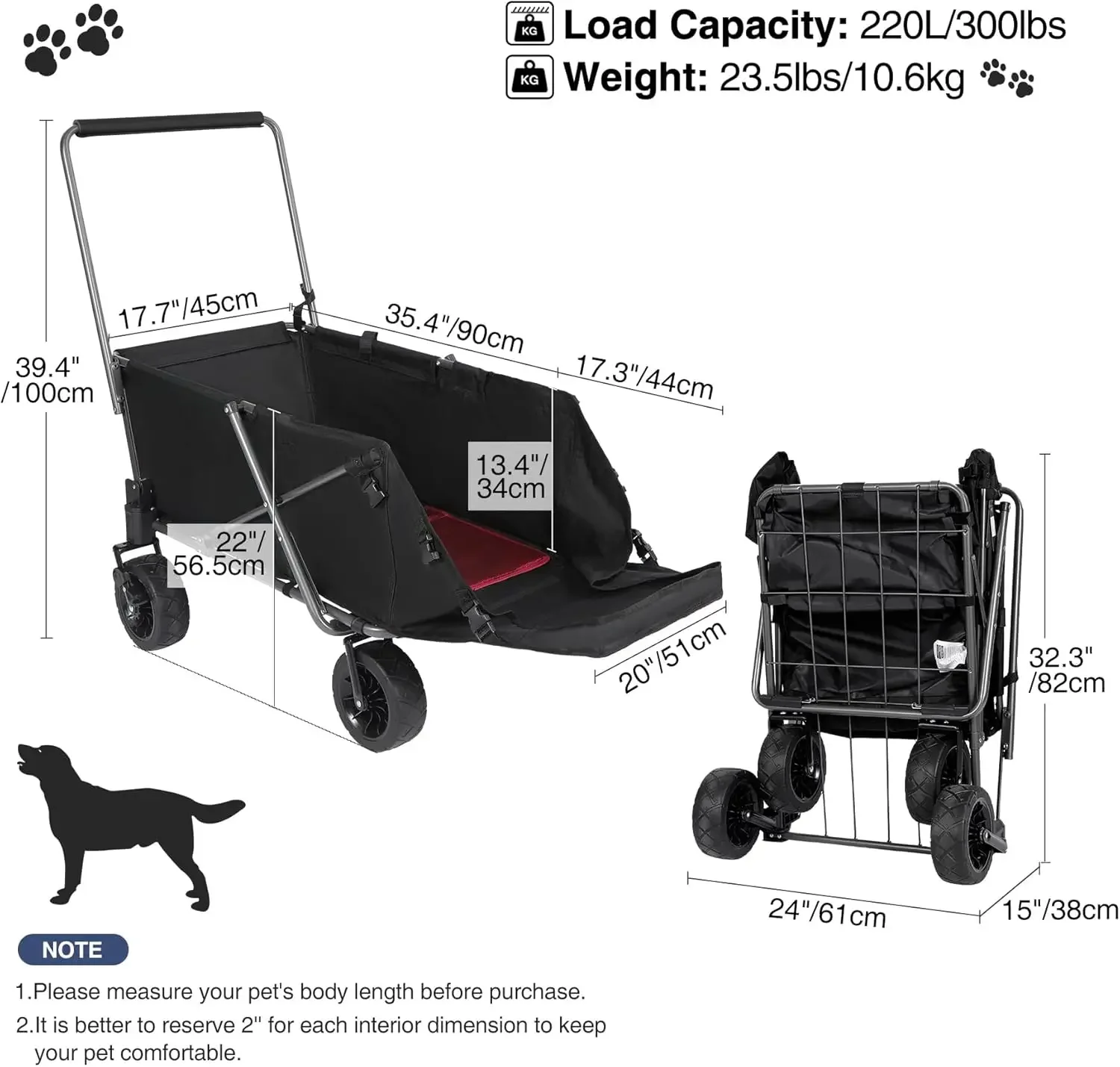 Folding Dog Wagon Cart with Extendable Rear End Heavy Duty, 220L Large Collapsible Utility Cart Dog Stroller with Tailgate