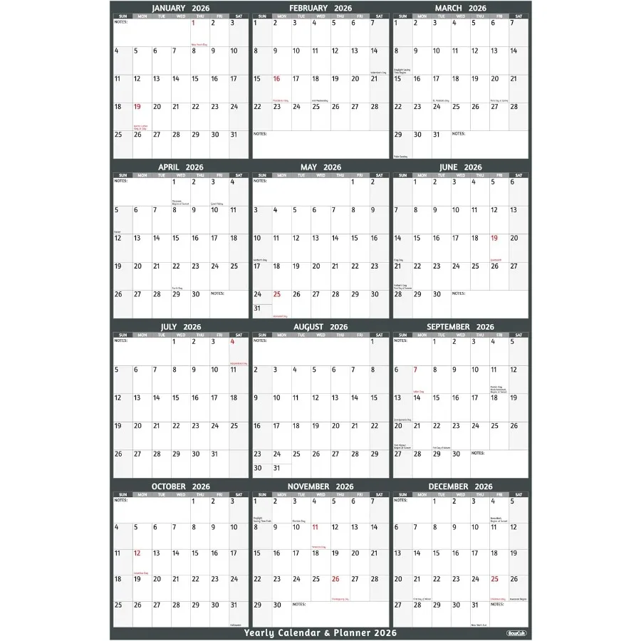 Calendario de pared anual 2026 - Calendario anual grande 2026 Vetical 2026 de enero - diciembre de 2026 25,2" x 38,2" Calendario abierto 2026 Pared grande