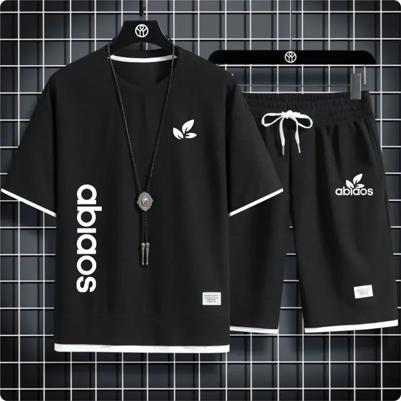 

Костюм мужской из ткани с принтом вафель, повседневная спортивная одежда с короткими рукавами и шортами, уличная одежда в стиле хип-хоп, лето