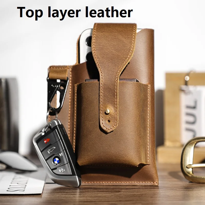 Top layer leather New European American Vintage Phone Bag Crazy Horse Skin Tactical Waist Bag Wearing Belt Key Hanging for Men