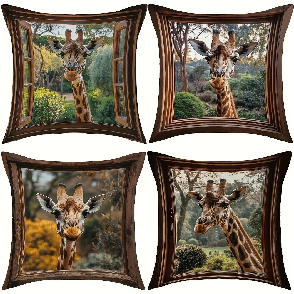Giraffes Peeking Through Window Pattern Pillow Pattern Cushion Cover Suitable For Sofa Bedroom Car Pillow Cover