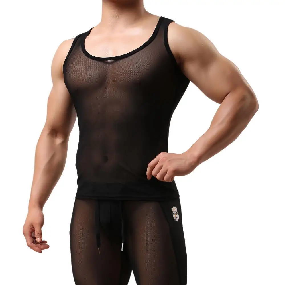BRAVE PERSON Transparent Undershirt Mens Tank Tops See-Through Sleeveless Shirt Sexy Men Singlets Bodybuilding Fitness Mesh Vest