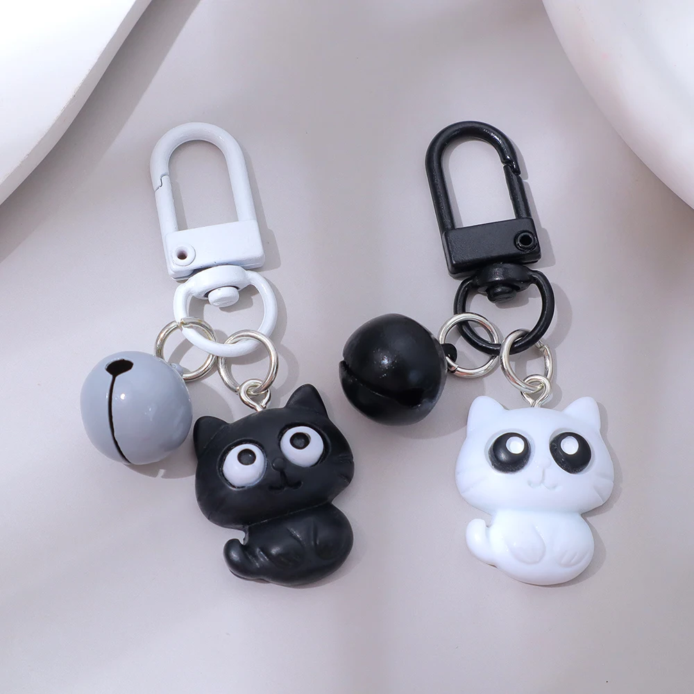 Cute Resin Cat Keychain Black White Kitten with Bell Key Holder Backpack Pendant Earphone Accessories For Woman Girls Party Gift