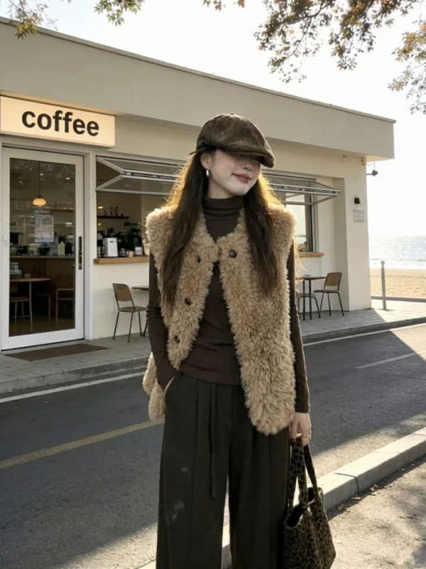 Umweltfreundliche Lammfell-Jahet-Damen-Biker-Jahet in mittlerer Länge, lässige Passform, Knopfverschluss, andere Materialien, Oberbekleidung